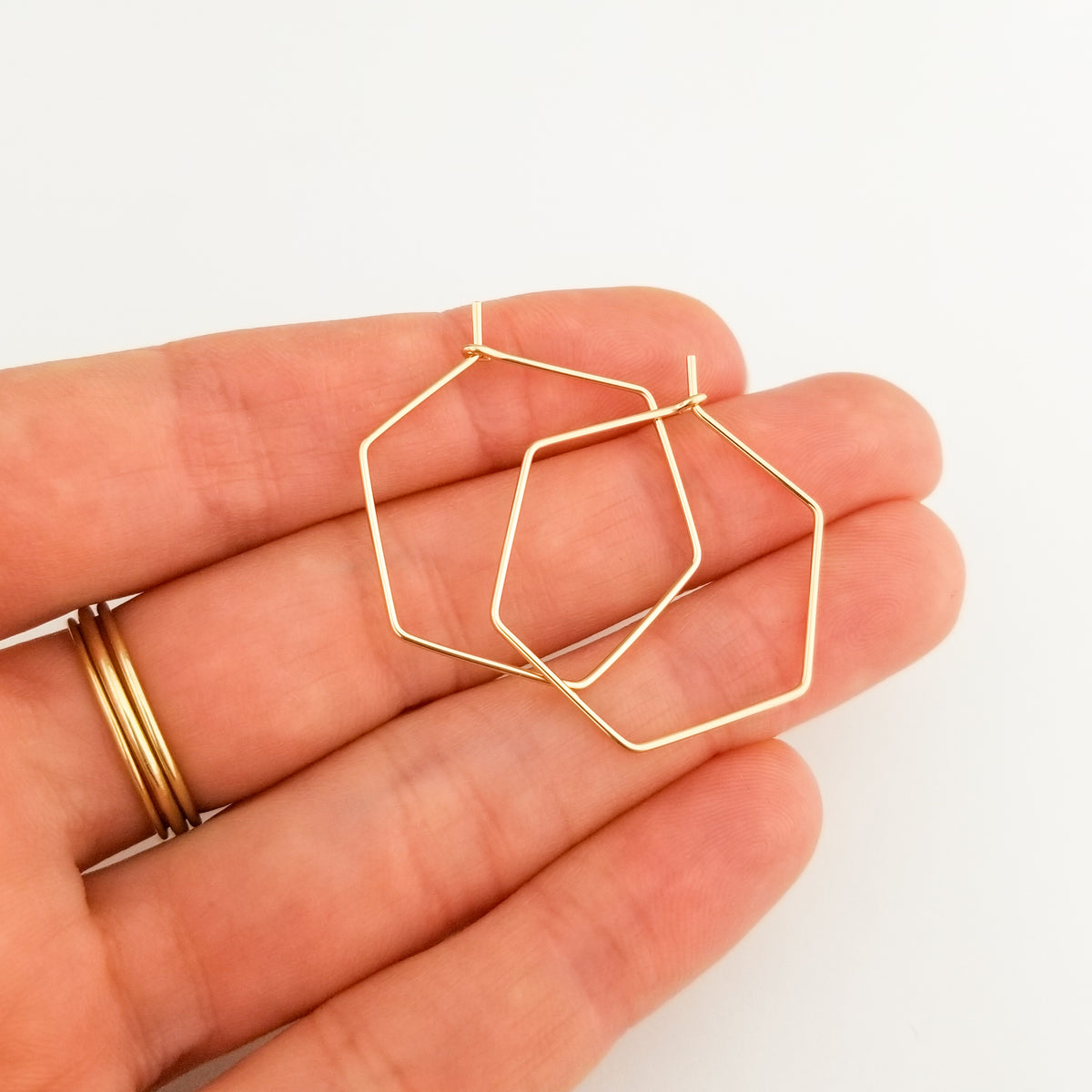 Thin Solid 14k Gold Hexagon Hoop Earrings