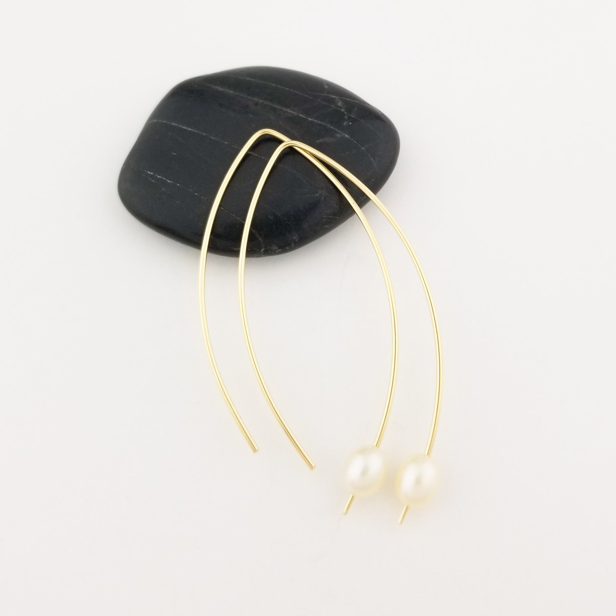Thin Solid Gold Open Hoop Freshwater Pearl Threader Earrings