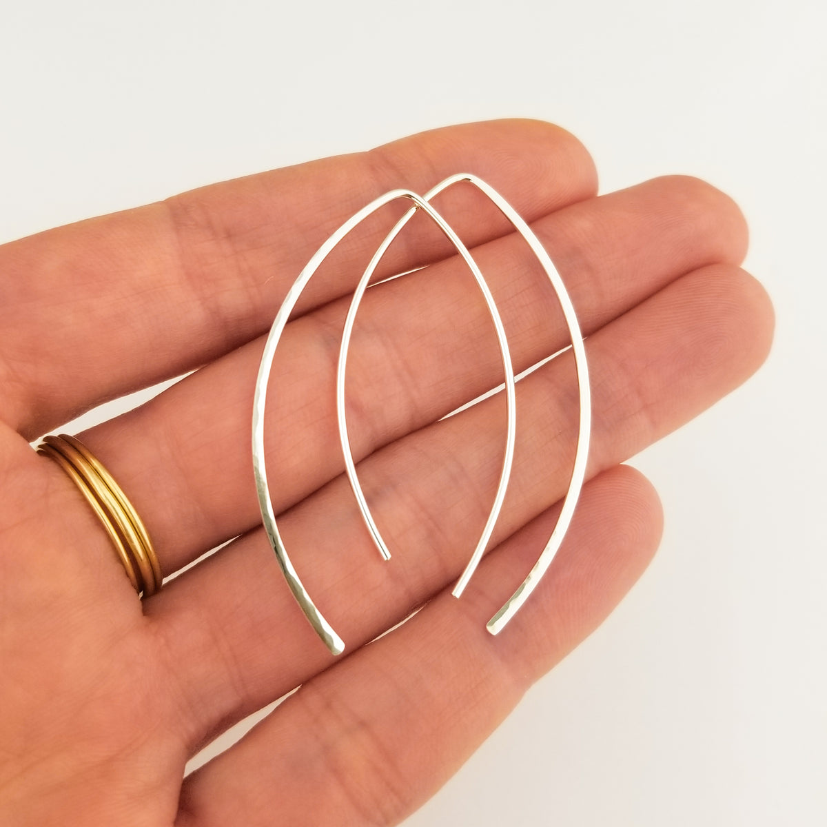 Thick Hammered Silver Open Hoop Threader Earrings