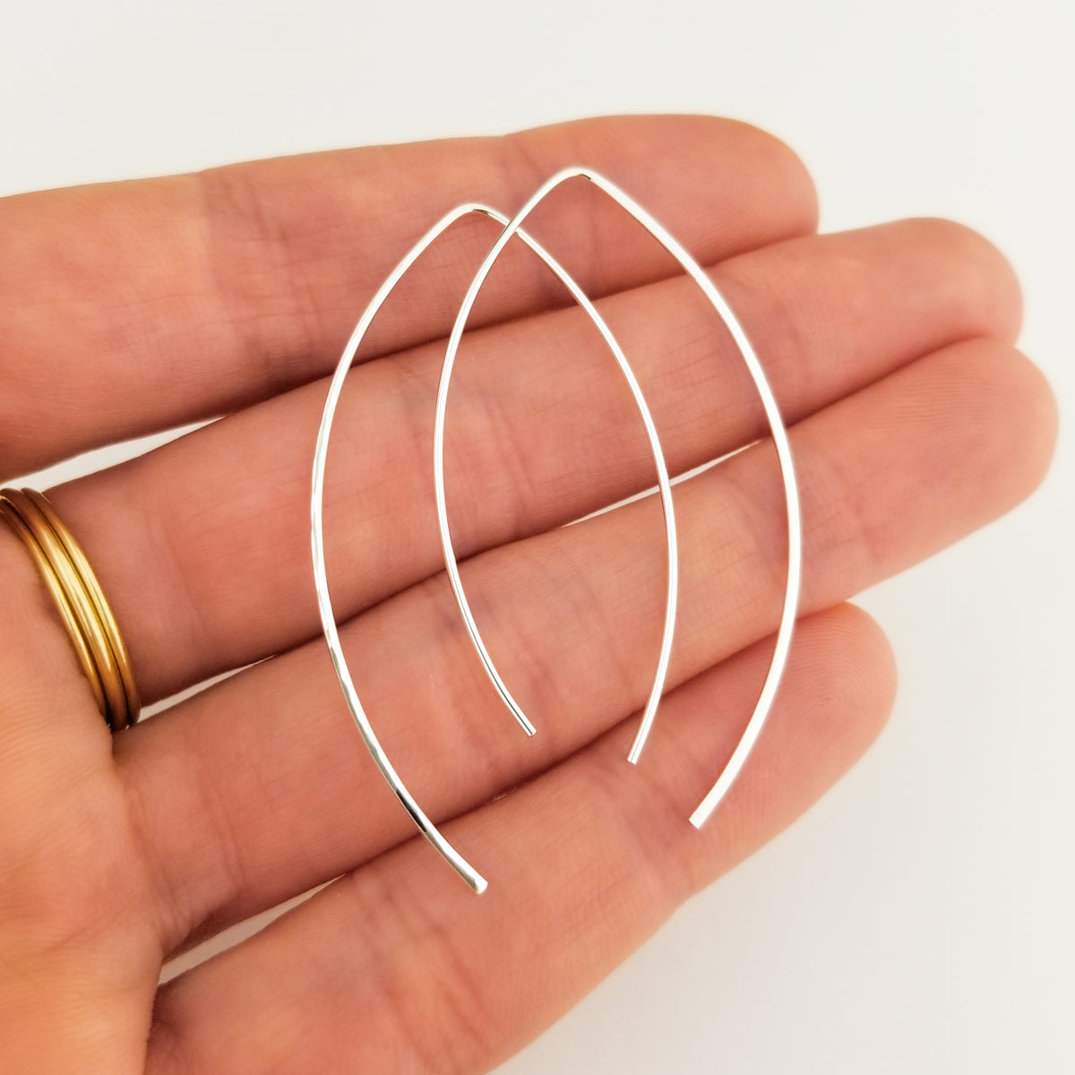 Thin Hammered Silver Open Hoop Threader Earrings