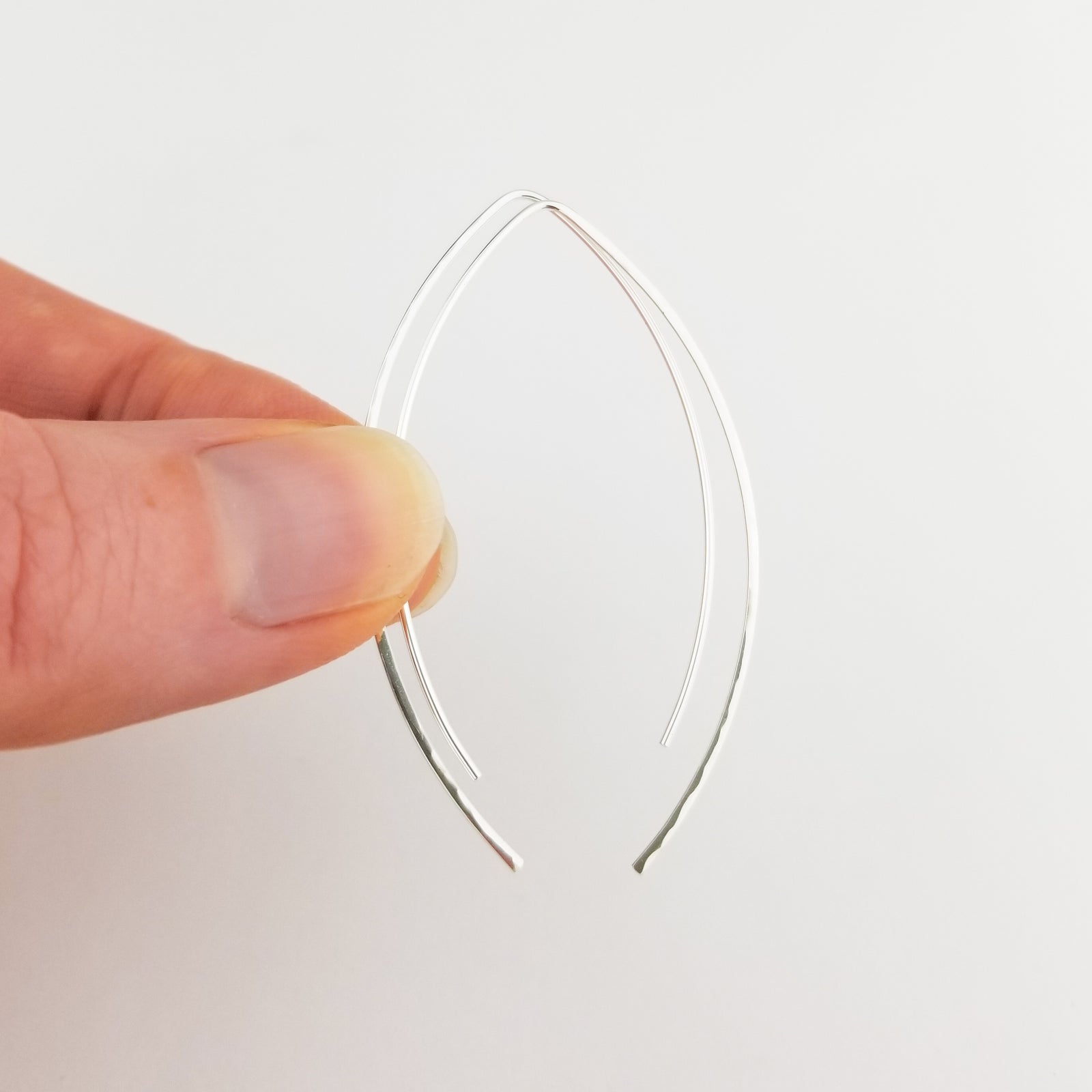 Thin Hammered Silver Open Hoop Threader Earrings